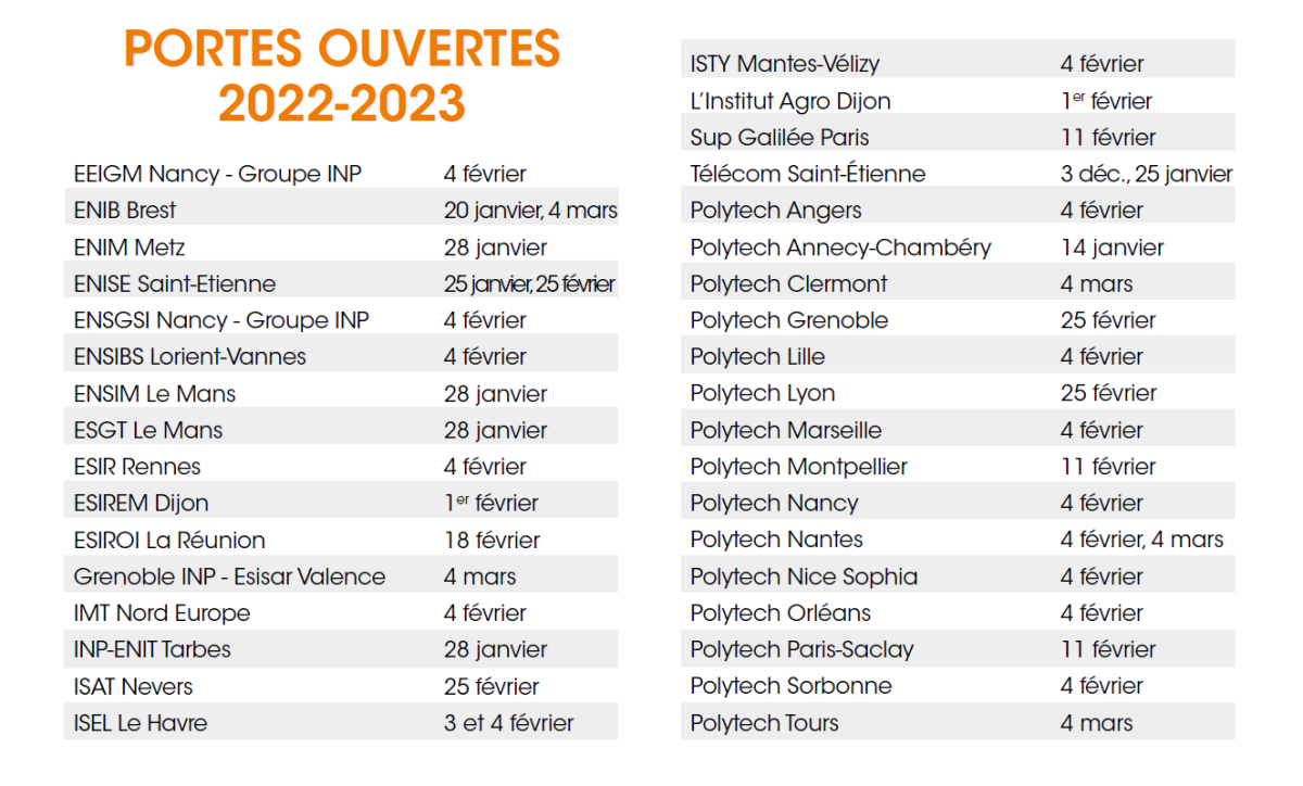 Calendrier des journées portes ouvertes 2023 des 35 écoles du concours Geipi Polytech Calendrier des journées portes ouvertes 2023 des 35 écoles du concours Geipi Polytech
